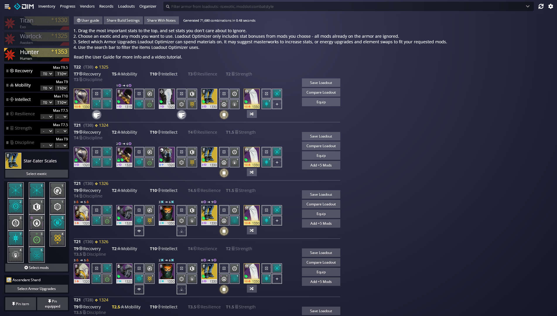 DIM loadout optimizer page